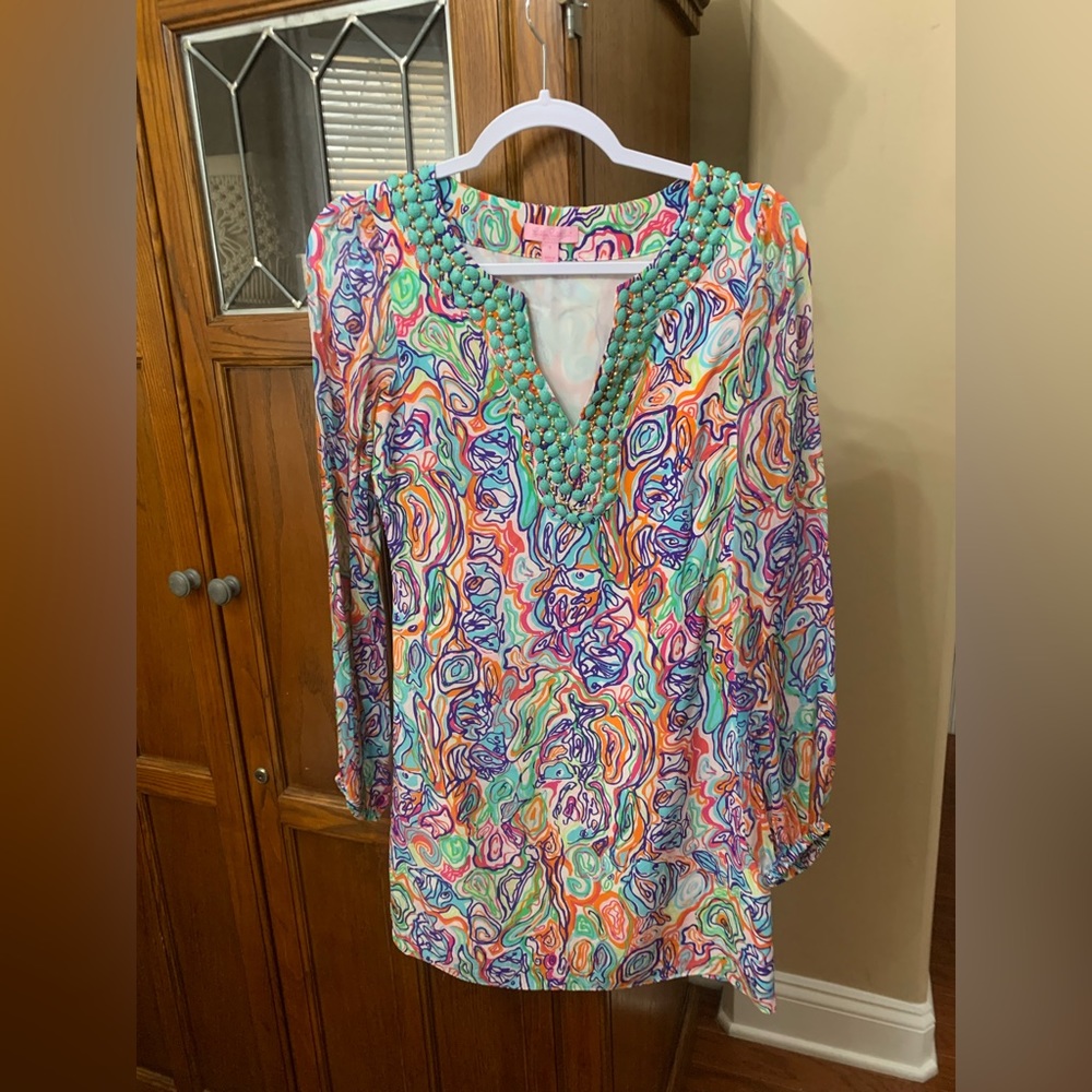 LILLY PULITZER | Embellished Seamus Print Silk Shift Dress Long Sleeve Women’s 0